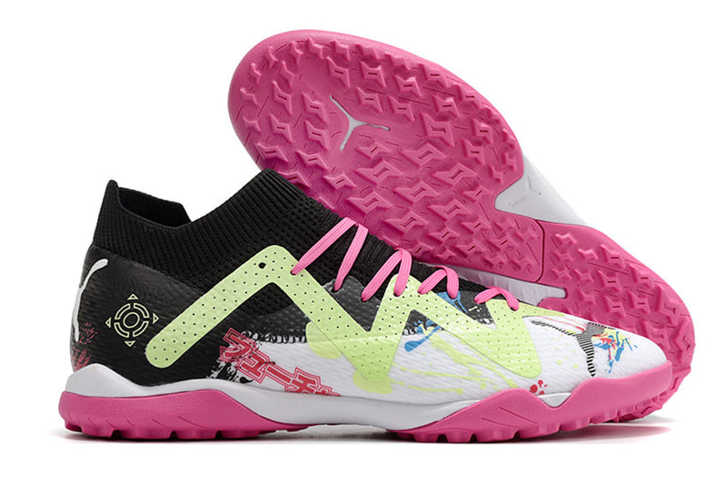 Chuteira Society Puma Future Ultimate TF Preta, Branca e Rosa "Powercat Tokyo Pack"