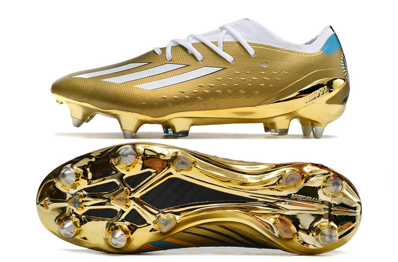 Chuteira Campo Adidas X Speedportal Messi.1 Ponta de Aluminio Dourada e Branca "Leyenda"