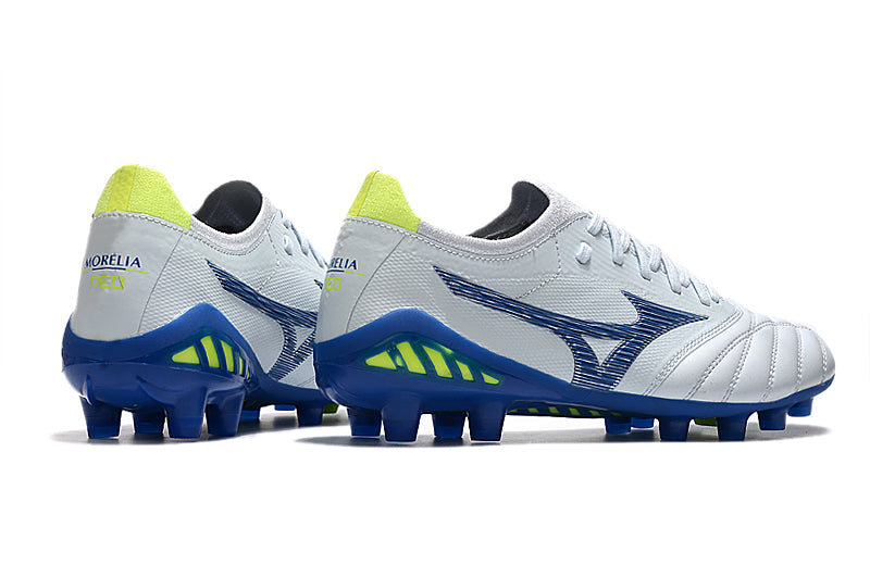 Chuteira Campo Mizuno Morelia Neo 3 FG Branca e Azul "Pre Future Pack"