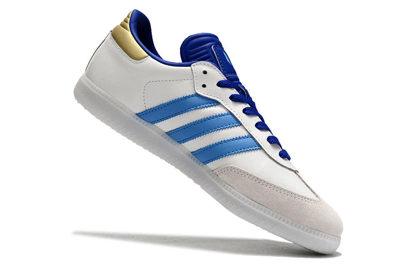 Chuteira Futsal Adidas Lionel Messi x Samba IC Branco, Azul e Dourado