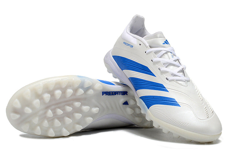 Chuteira Society Adidas Predator Elite TF Branca e Azul "Kvara"