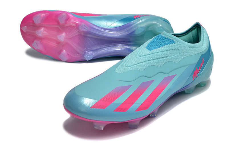 Chuteira Campo Adidas X CrazyFast Messi.1 LL FG Azul e Rosa "Miami Vice"