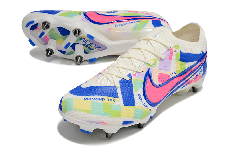 Chuteira Campo Nike Air Zoom Mercurial Vapor 15 Elite Trava Mista Branco, Azul e Rosa