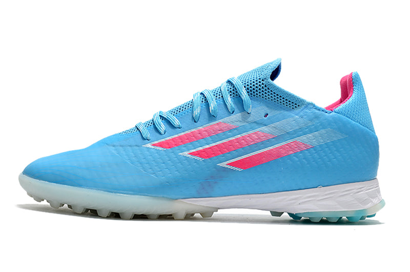 Chuteira Society Adidas X Speedflow.1 TF Azul e Rosa "Sapphire Edge Pack"