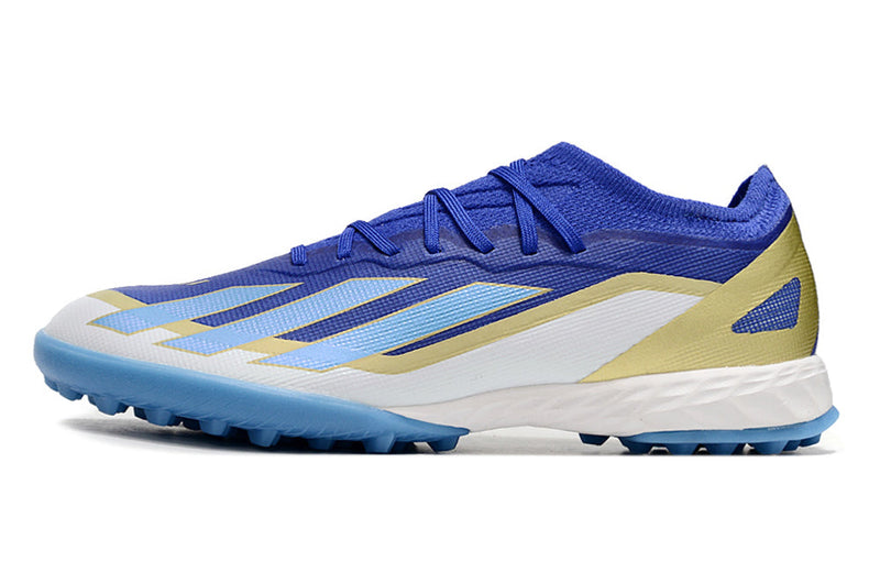 Chuteira Society Adidas X Crazyfast Messi.1 TF Azul, Branco e Dourado "Spark Gen10s"