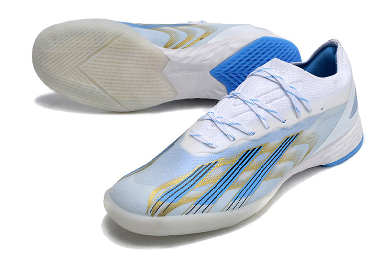 Chuteira Futsal Adidas X CrazyFast.1 IC Branca, Azul e Dourada "Las Estrellas"