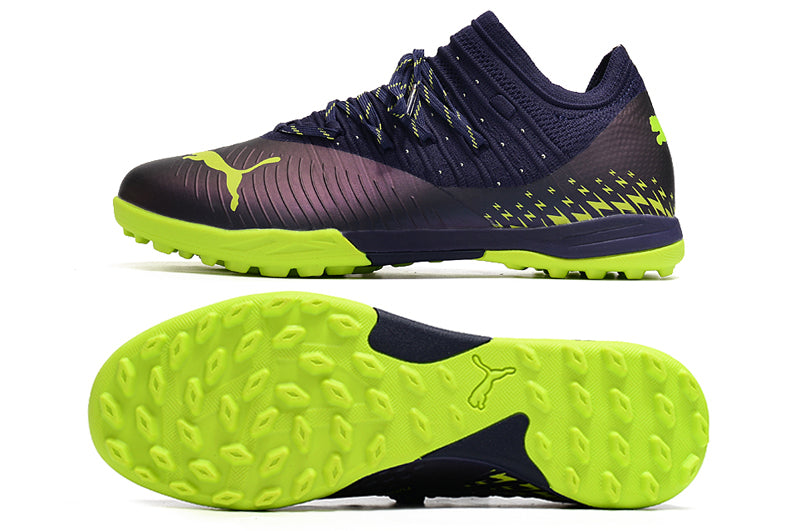 Chuteira Society Puma Future Z 1.3 TF Azul e Verde "Fastest Pack"