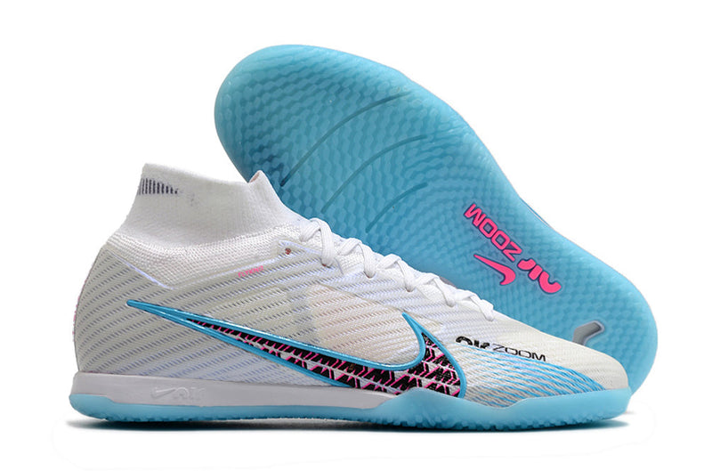 Chuteira Futsal Nike Air Zoom Mercurial Superfly 9 Elite IC Branca e Azul "Blast Pack"