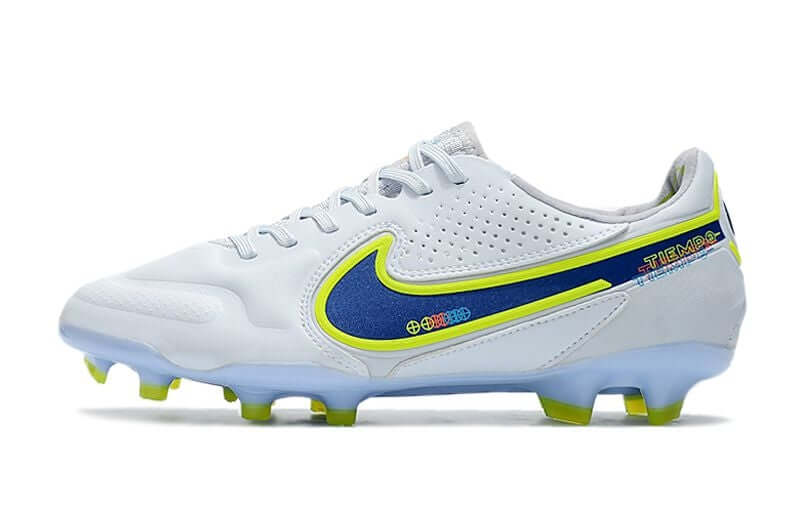 Chuteira Campo Nike Tiempo Legend 9 Elite FG Branca e Azul "Progress Pack"