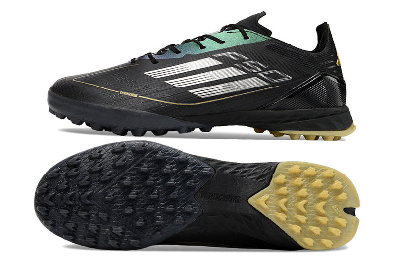 Chuteira Society Adidas F50 TF Preta e Dourada "Dark Spark Pack"