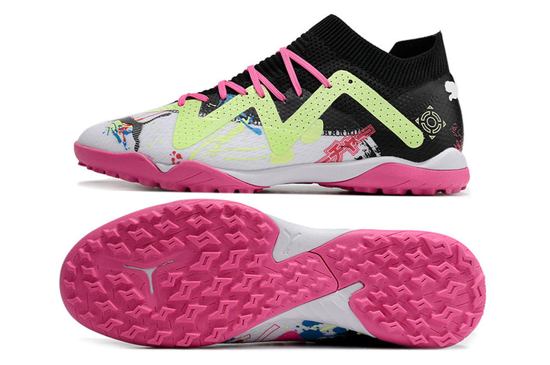 Chuteira Society Puma Future Ultimate TF Preta, Branca e Rosa "Powercat Tokyo Pack"