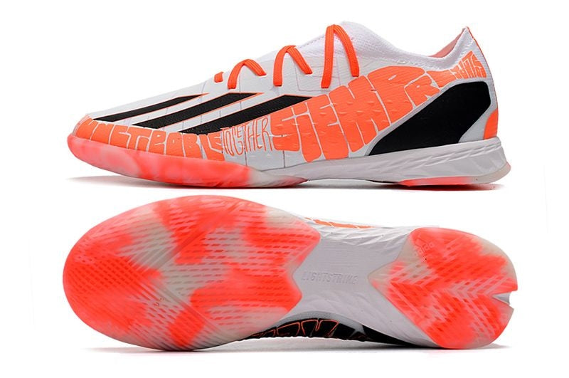 Chuteira Futsal Adidas X Speedportal Messi.1 Laranja e Branca "Balo te Adoro"