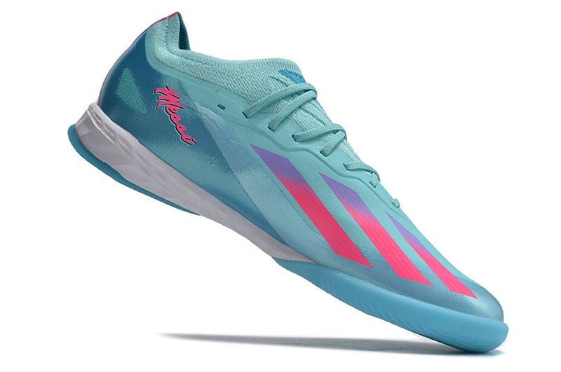 Chuteira Futsal Adidas X CrazyFast Messi.1 IC Azul e Rosa "Miami Vice"