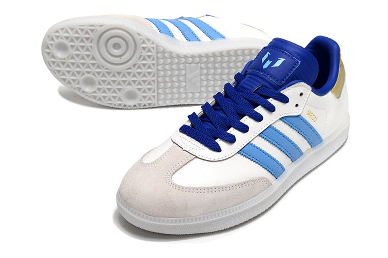 Chuteira Futsal Adidas Lionel Messi x Samba IC Branco, Azul e Dourado