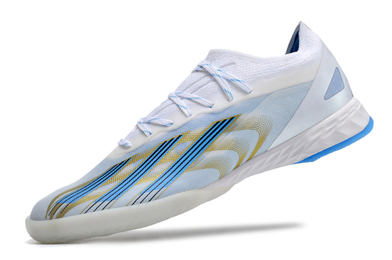 Chuteira Futsal Adidas X CrazyFast.1 IC Branca, Azul e Dourada "Las Estrellas"