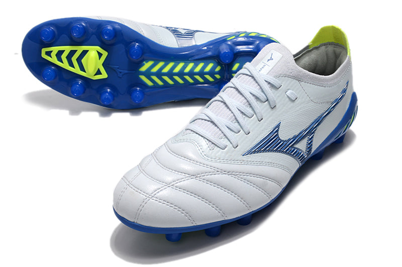 Chuteira Campo Mizuno Morelia Neo 3 FG Branca e Azul "Pre Future Pack"