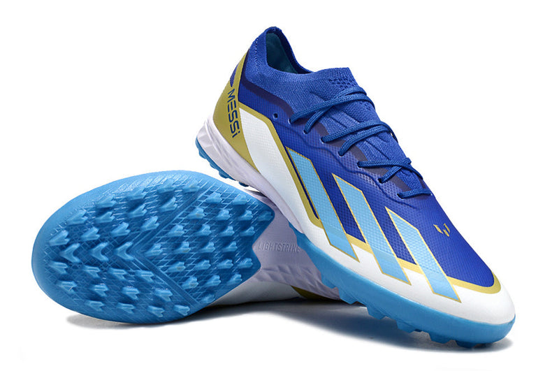 Chuteira Society Adidas X Crazrfast Messi .1 TF Azul, Branca e Dourada "Spark Gen10s"