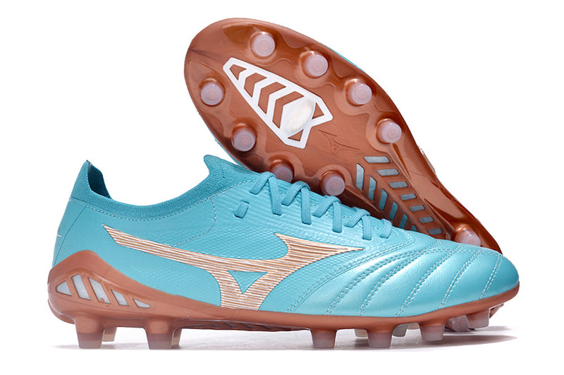 Chuteira Campo Mizuno Morelia Neo 3 FG Azul e Bronze "Azure Blue Pack"