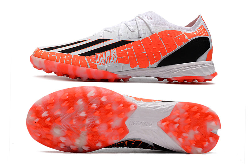 Chuteira Society Adidas X Speedportal.1 TF Laranja e Branco "Balon Te Adoro"