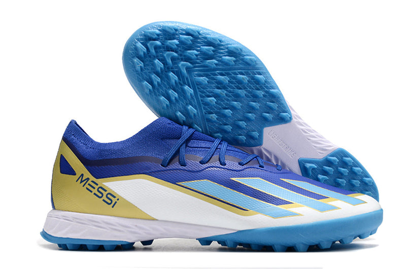 Chuteira Society Adidas X Crazrfast Messi .1 TF Azul, Branca e Dourada "Spark Gen10s"