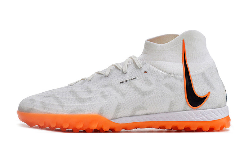 Chuteira Society Nike Phantom Luna Elite TF Branca e Laranja "United Pack"