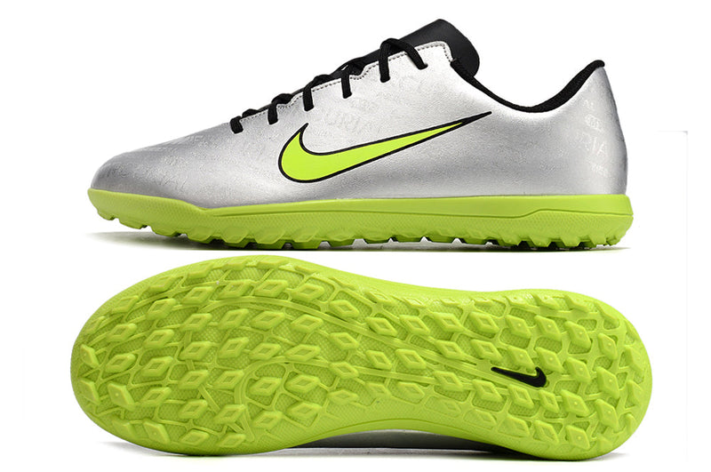 Chuteira Infantil Society Nike Mercurial Vapor 15 Club TF Prata e Verde "Anniversary 25 Years"