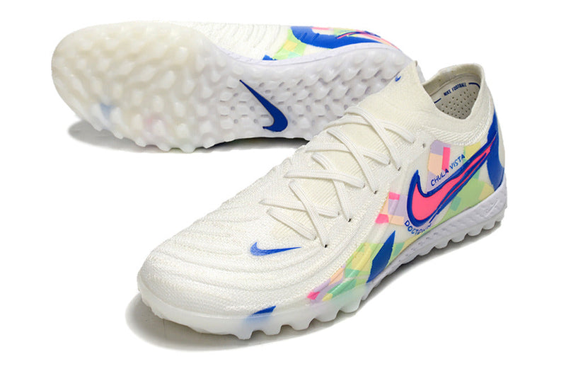 Chuteira Society Nike Phantom GX 2 Elite TF Branca, Azul e Rosa