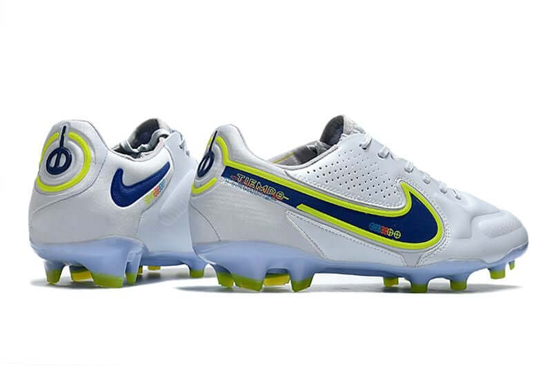 Chuteira Campo Nike Tiempo Legend 9 Elite FG Branca e Azul "Progress Pack"