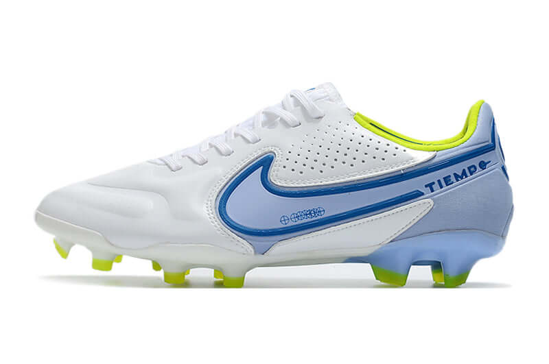 Chuteira Campo Nike Tiempo Legend 9 Elite FG Branca e Azul