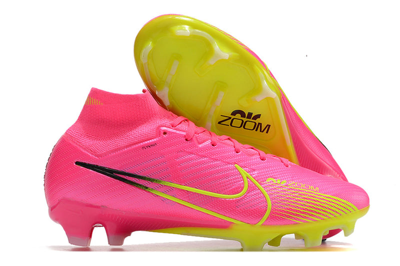 Chuteira Campo Nike Air Zoom Mercurial Superfly 9 Elite FG Rosa e Verde "Luminous Pack"