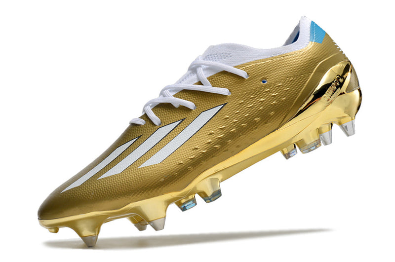 Chuteira Campo Adidas X Speedportal Messi.1 Ponta de Aluminio Dourada e Branca "Leyenda"