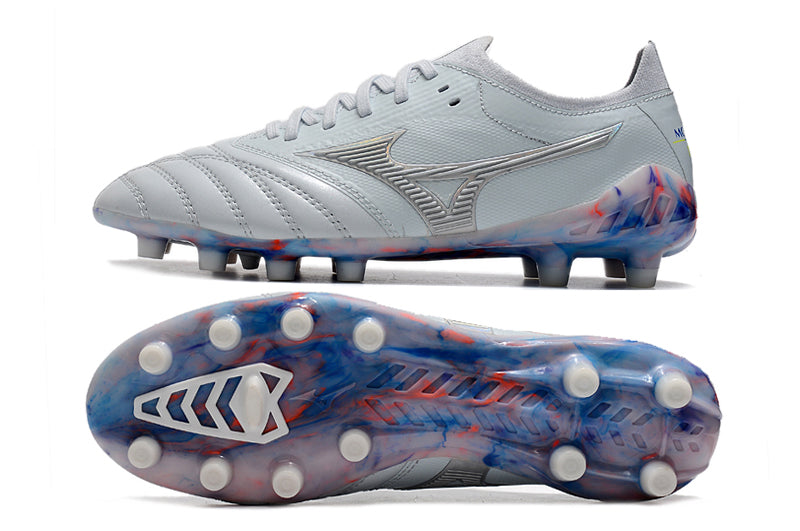 Chuteira Campo Mizuno Morelia Neo 3 FG Branca, Prata e Azul