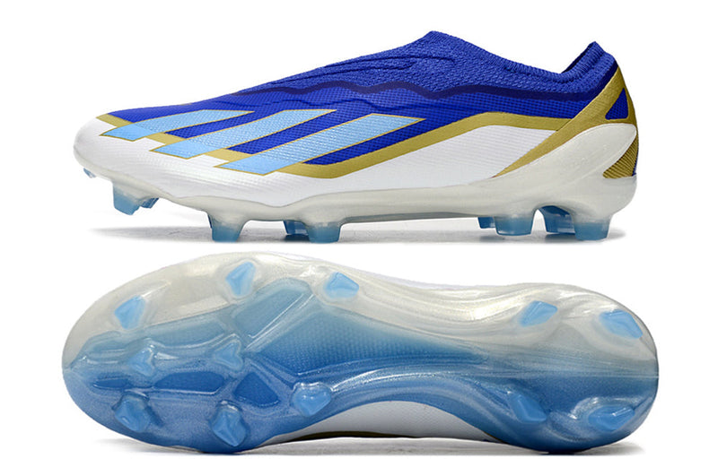 Chuteira Campo Adidas X Crazyfast Messi.1 FG Azul, Branco e Dourado "Spark Gen10s"