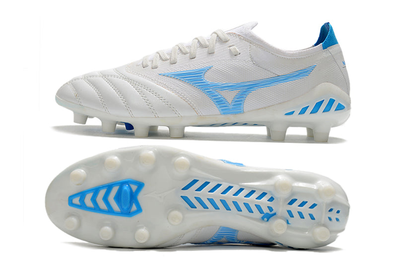 Chuteira Campo Mizuno Morelia Neo 3 FG Branca e Azul