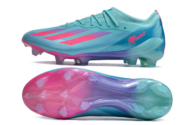 Chuteira Campo Adidas X CrazyFast Messi.1 FG Azul e Rosa "Miami Vice"