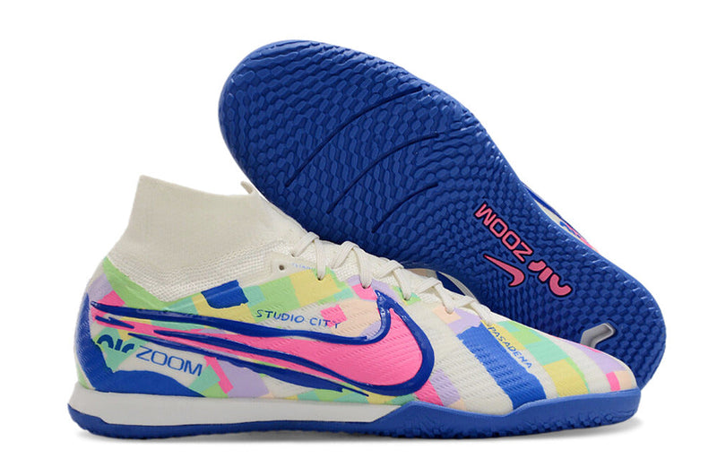 Chuteira Futsal Nike Air Zoom Mercurial Superfly 9 Elite IC Branca, Azul e Rosa "SoCal Pack"