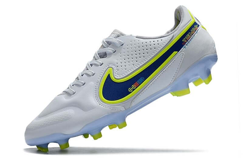 Chuteira Campo Nike Tiempo Legend 9 Elite FG Branca e Azul "Progress Pack"