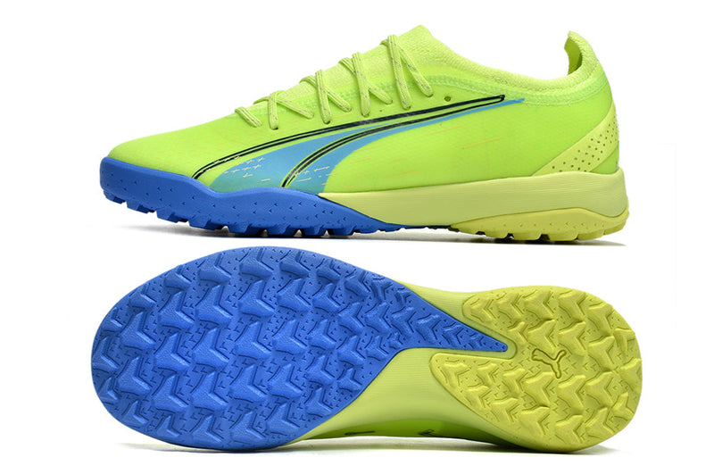 Chuteira Society Puma Ultra Ultimate 1.4 TF Verde e Azul "Fastest Pack"