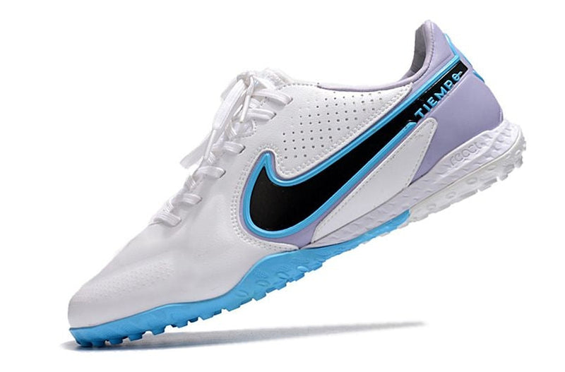 Chuteira Society Nike Tiempo Legend 9 Elite TF Branca e Azul "Blast Pack"