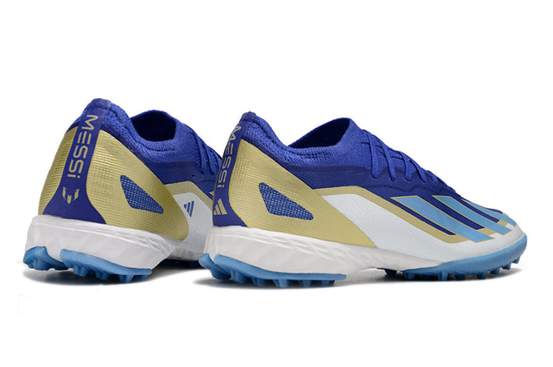 Chuteira Society Adidas X Crazyfast Messi.1 TF Azul, Branco e Dourado "Spark Gen10s"