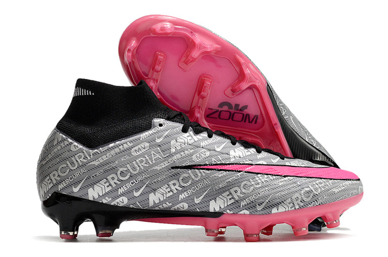 Chuteira Infantil Campo Nike Air Zoom Mercurial Superfly 9 Elite FG Prata e Rosa "25 anos Nike"