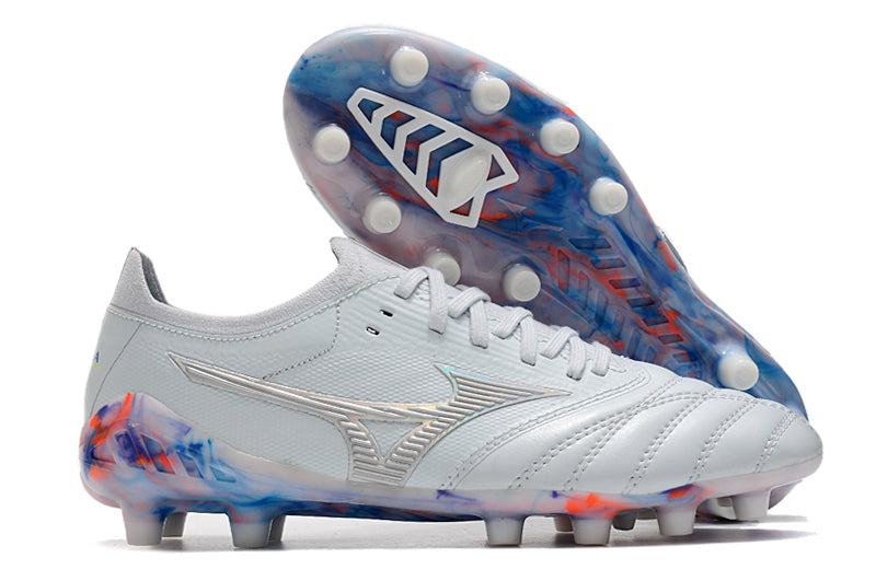 Chuteira Campo Mizuno Morelia Neo 3 FG Branca, Prata e Azul