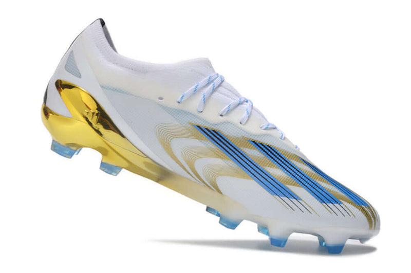 Chuteira Campo Adidas CrazyFast Messi.1 FG Branca, Azul e Dourado "Las Estrellas"