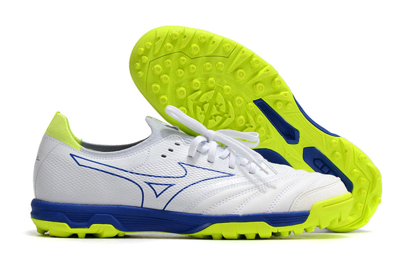 Chuteira Society Mizuno Morelia Neo Beta TF Branca, Azul e Verde "Below Zero"