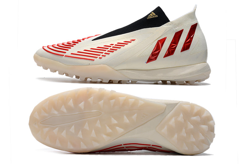 Chuteira Society Adidas Predator Edge+ TF Bege e Vermelho "Showdown Pack"