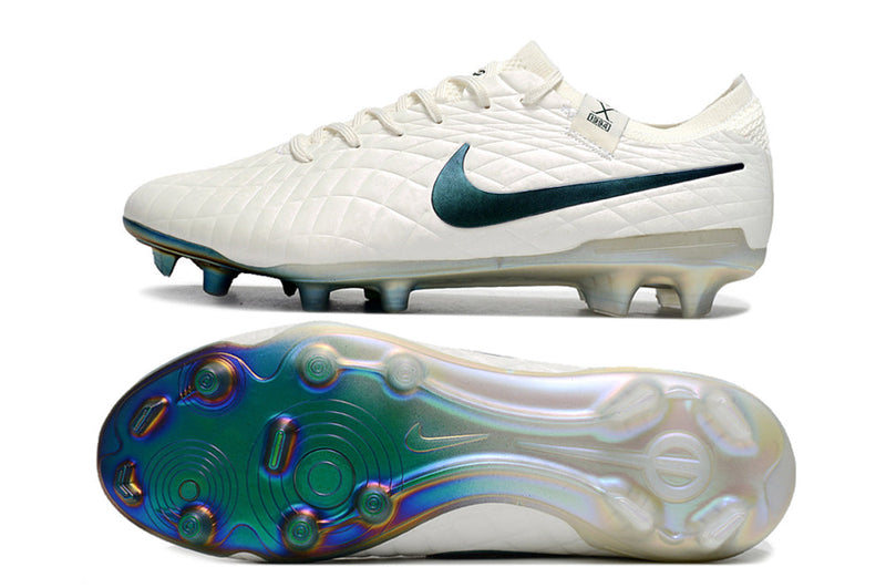 Chuteira Campo Nike Tiempo Legend 10 Elite FG Branca e Verde "Pearl Pack"