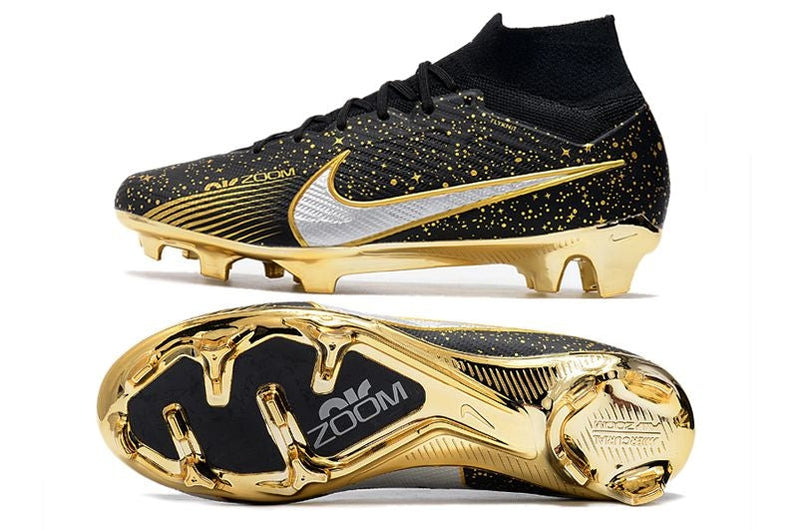 Chuteira Campo Nike Air Zoom Mercurial Superfly 9 Elite FG Preta e Dourado