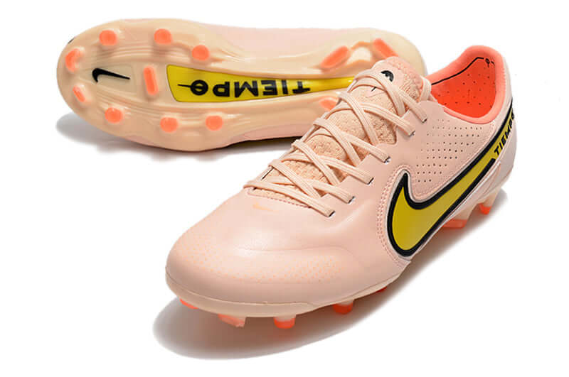 Chuteira Campo Nike Tiempo Legend 9 Elite FG Rosa e Amarelo "Lucent Pack"