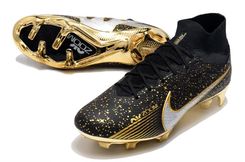 Chuteira Campo Nike Air Zoom Mercurial Superfly 9 Elite FG Preta e Dourado