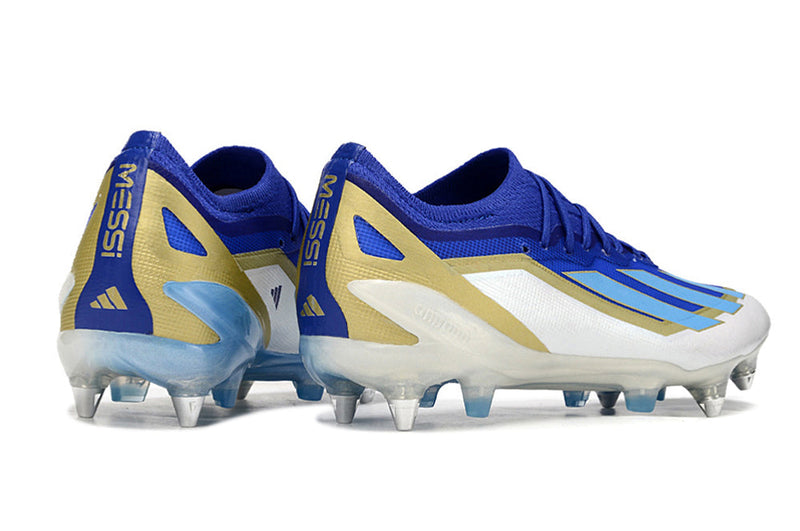 Chuteira Campo Adidas X Crazyfast Messi.1 Ponta de Aluminio Azul, Branco e Dourado "Spark Gen10s"